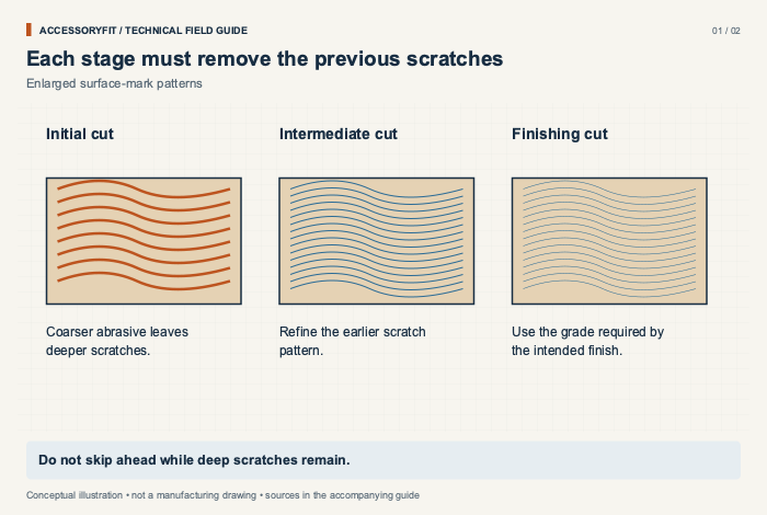 Each stage must remove the previous scratches. Initial cut: Coarser abrasive leaves deeper scratches. Intermediate cut: Refine the earlier scratch pattern. Finishing cut: Use the grade required by the intended finish.