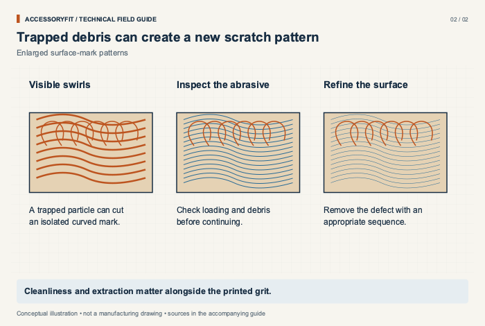 Trapped debris can create a new scratch pattern. Visible swirls: A trapped particle can cut an isolated curved mark. Inspect the abrasive: Check loading and debris before continuing. Refine the surface: Remove the defect with an appropriate sequence.