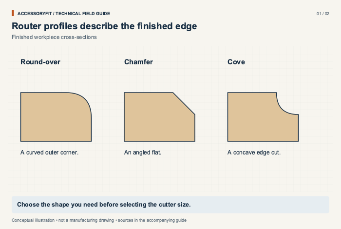 Router profiles describe the finished edge. Round-over: A curved outer corner. Chamfer: An angled flat. Cove: A concave edge cut.