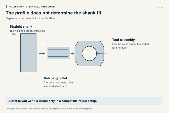 The profile does not determine the shank fit. Straight shank: The holding section enters the collet. Matching collet: The bore must match the specified shank size. Tool assembly: Use the collet and nut intended for the router.