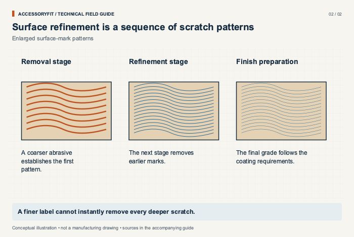 Surface refinement is a sequence of scratch patterns. Removal stage: A coarser abrasive establishes the first pattern. Refinement stage: The next stage removes earlier marks. Finish preparation: The final grade follows the coating requirements.