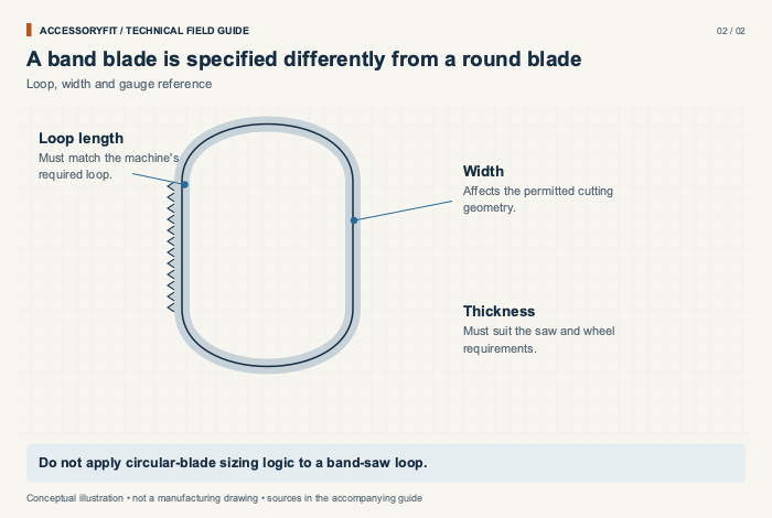 A band blade is specified differently from a round blade. Loop length: Must match the machine's required loop. Width: Affects the permitted cutting geometry. Thickness: Must suit the saw and wheel requirements.