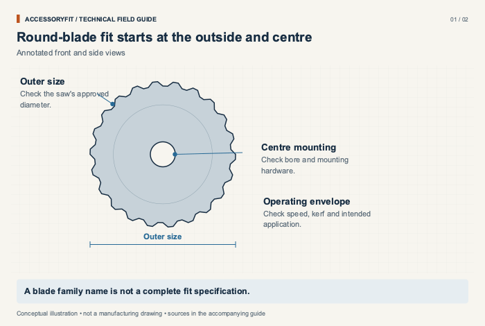 Round-blade fit starts at the outside and centre. Outer size: Check the saw's approved diameter. Centre mounting: Check bore and mounting hardware. Operating envelope: Check speed, kerf and intended application.
