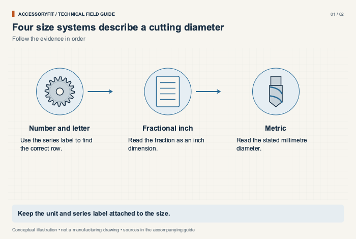 Four size systems describe a cutting diameter. Number and letter: Use the series label to find the correct row. Fractional inch: Read the fraction as an inch dimension. Metric: Read the stated millimetre diameter.