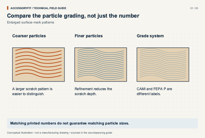 Compare the particle grading, not just the number. Coarser particles: A larger scratch pattern is easier to distinguish. Finer particles: Refinement reduces the scratch depth. Grade system: CAMI and FEPA P are different labels.