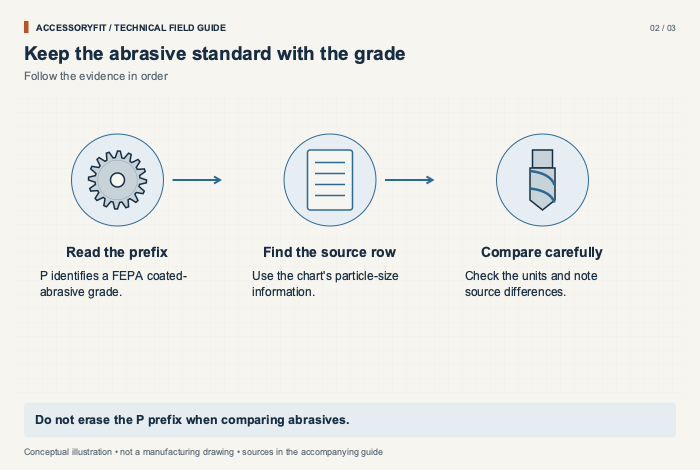 Keep the abrasive standard with the grade. Read the prefix: P identifies a FEPA coated-abrasive grade. Find the source row: Use the chart's particle-size information. Compare carefully: Check the units and note source differences.