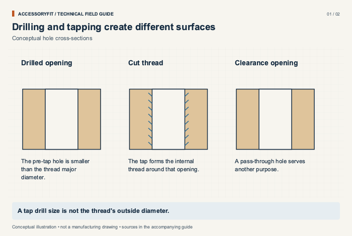 Drilling and tapping create different surfaces. Drilled opening: The pre-tap hole is smaller than the thread major diameter. Cut thread: The tap forms the internal thread around that opening. Clearance opening: A pass-through hole serves another purpose.