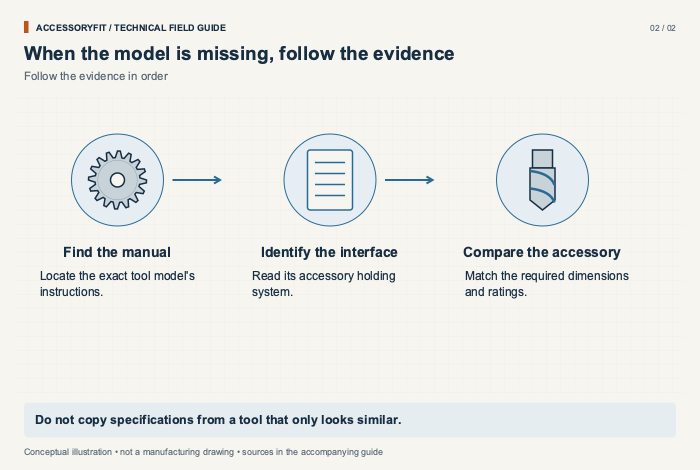 When the model is missing, follow the evidence. Find the manual: Locate the exact tool model's instructions. Identify the interface: Read its accessory holding system. Compare the accessory: Match the required dimensions and ratings.
