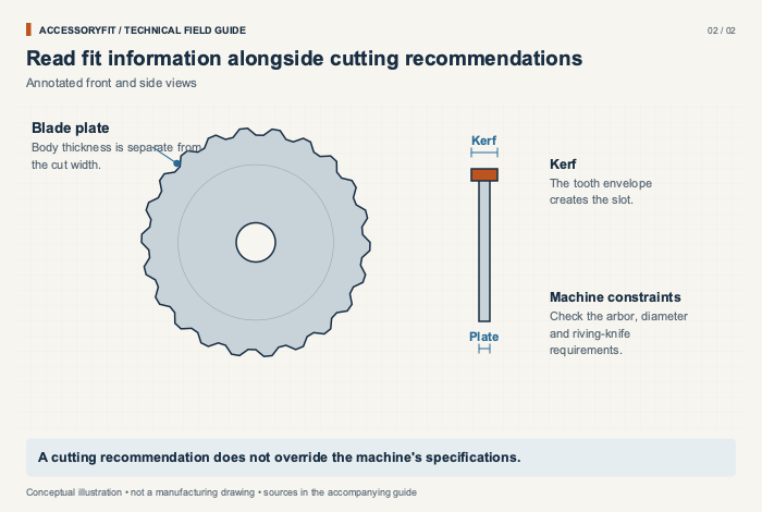 Read fit information alongside cutting recommendations. Blade plate: Body thickness is separate from the cut width. Kerf: The tooth envelope creates the slot. Machine constraints: Check the arbor, diameter and riving-knife requirements.
