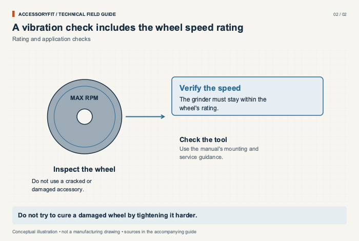 A vibration check includes the wheel speed rating. Inspect the wheel: Do not use a cracked or damaged accessory. Verify the speed: The grinder must stay within the wheel's rating. Check the tool: Use the manual's mounting and service guidance.