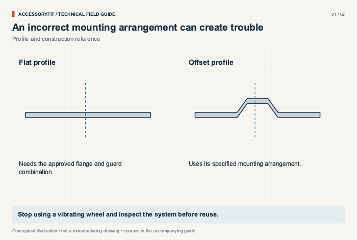 An incorrect mounting arrangement can create trouble. Flat profile: Needs the approved flange and guard combination. Offset profile: Uses its specified mounting arrangement.