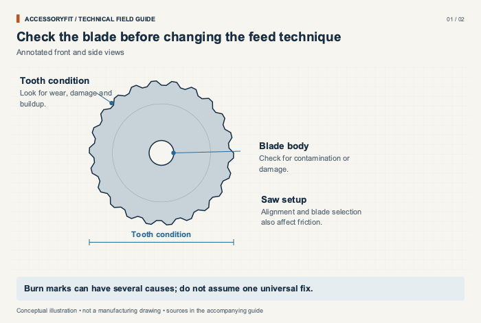 Check the blade before changing the feed technique. Tooth condition: Look for wear, damage and buildup. Blade body: Check for contamination or damage. Saw setup: Alignment and blade selection also affect friction.