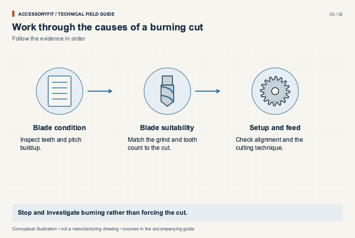 Work through the causes of a burning cut. Blade condition: Inspect teeth and pitch buildup. Blade suitability: Match the grind and tooth count to the cut. Setup and feed: Check alignment and the cutting technique.