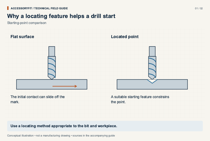 Why a locating feature helps a drill start. Flat surface: The initial contact can slide off the mark. Located point: A suitable starting feature constrains the point.