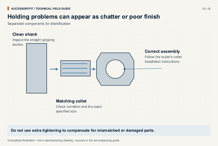 Holding problems can appear as chatter or poor finish. Clean shank: Inspect the straight gripping section. Matching collet: Check condition and the exact specified size. Correct assembly: Follow the router's collet installation instructions.