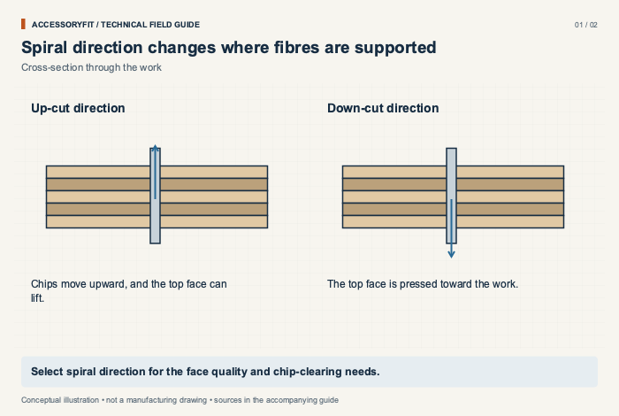 Spiral direction changes where fibres are supported. Up-cut direction: Chips move upward, and the top face can lift. Down-cut direction: The top face is pressed toward the work.