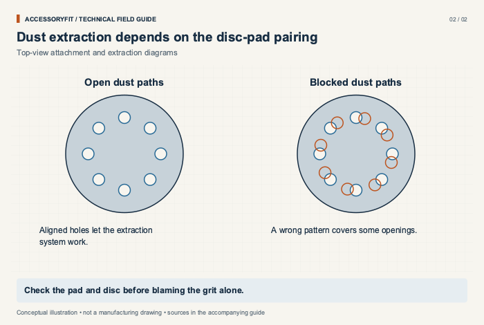 Dust extraction depends on the disc-pad pairing. Open dust paths: Aligned holes let the extraction system work. Blocked dust paths: A wrong pattern covers some openings.