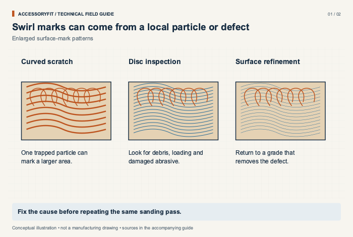Swirl marks can come from a local particle or defect. Curved scratch: One trapped particle can mark a larger area. Disc inspection: Look for debris, loading and damaged abrasive. Surface refinement: Return to a grade that removes the defect.