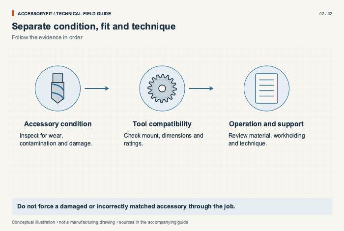 Separate condition, fit and technique. Accessory condition: Inspect for wear, contamination and damage. Tool compatibility: Check mount, dimensions and ratings. Operation and support: Review material, workholding and technique.