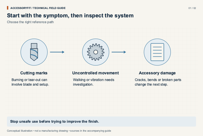 Start with the symptom, then inspect the system. Cutting marks: Burning or tear-out can involve blade and setup. Uncontrolled movement: Walking or vibration needs investigation. Accessory damage: Cracks, bends or broken parts change the next step.
